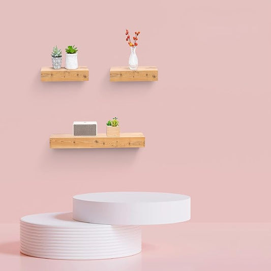 Floating Wall Shelves Set of 3 – MDF Wood Wall Mounted Shelf for Living Room, Bedroom, Bathroom, Office – Decorative Storage Racks for Plants, Photos, Books (Natural Wood, Large Set)