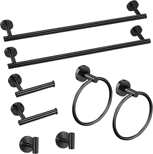 Cilee 8 Piece Matte Black Bathroom Hardware Set, 24inch Bathroom Towel bar+Towel Ring+Toilet Paper Holder+ Robe Towel Hook, SUS304 Stainless Steel Bathroom Accessory Set-NeatNest