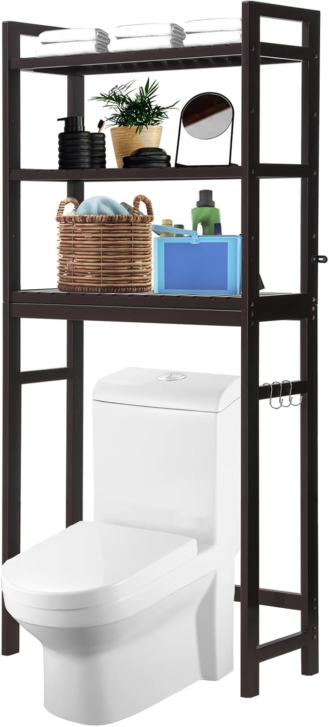 HITOMEN Over The Toilet Storage Cabinet, Bamboo Adjustable 3-Tier Above Toilet Shelf, Stable Freestanding Above Toilet Organizer with 3 Hooks for Bathroom Restroom Laundry Balcony, Dark Brown 67" H