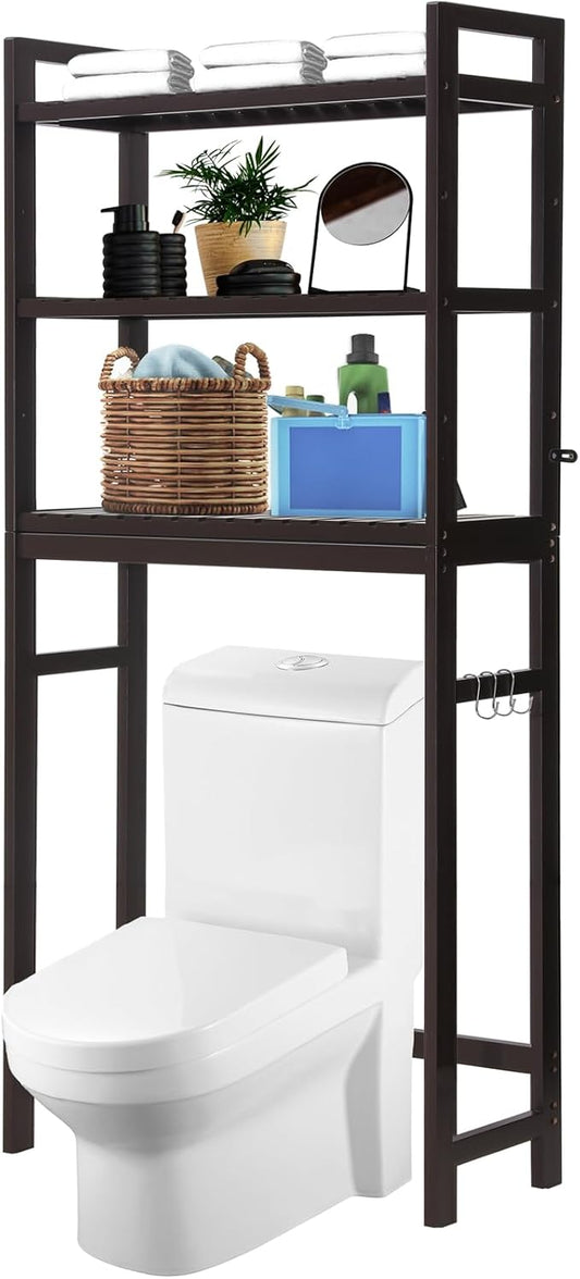 HITOMEN Over The Toilet Storage Cabinet, Bamboo Adjustable 3-Tier Above Toilet Shelf, Stable Freestanding Above Toilet Organizer with 3 Hooks for Bathroom Restroom Laundry Balcony, Dark Brown 67" H