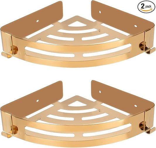 NearMoon Bathroom Shower Caddy 2 Pack, No Drill 304 Stainless Steel Shower Organizer with 2 Hooks (Corner Shelf, Gold)