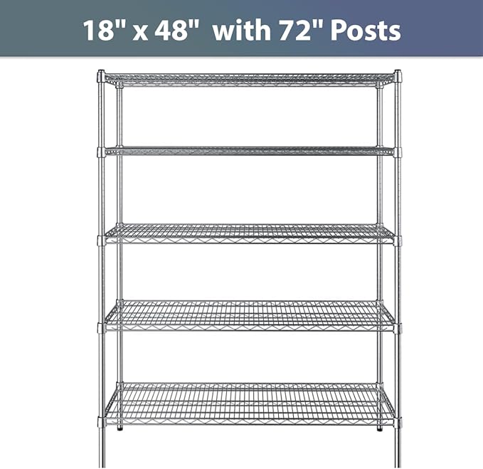 18" x 48" NSF Chrome 5-Shelf Kit with 72" Posts, Commercial Storage Rack Unit, Heavy Duty Storage Shelving, Wire Shelving Kit, Adjustable Rack Strong Steel, Multipurpose Wire Shelf