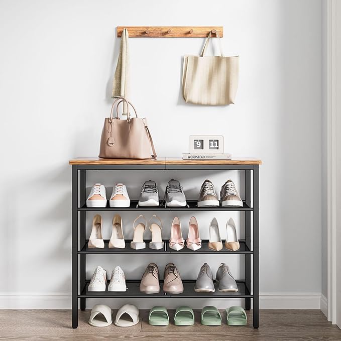 Shoe Rack, 4-Tier Shoe Storage Organizer with 3 Metal Mesh Shelves for 12-16 Pairs, Free Standing Shoe Racks, for Entryway, Hallway, Closet, Dorm Room, Industrial, Rustic Brown-NeatNest