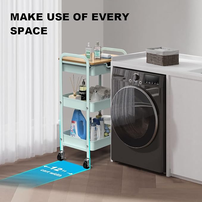3 Tier Rolling Cart, Utility Cart with Drawer and Table Top, Metal Rolling Kitchen Storage Organizer Cart with Handle and Locking Wheels for Bathroom Office Balcony Living Room-NeatNest
