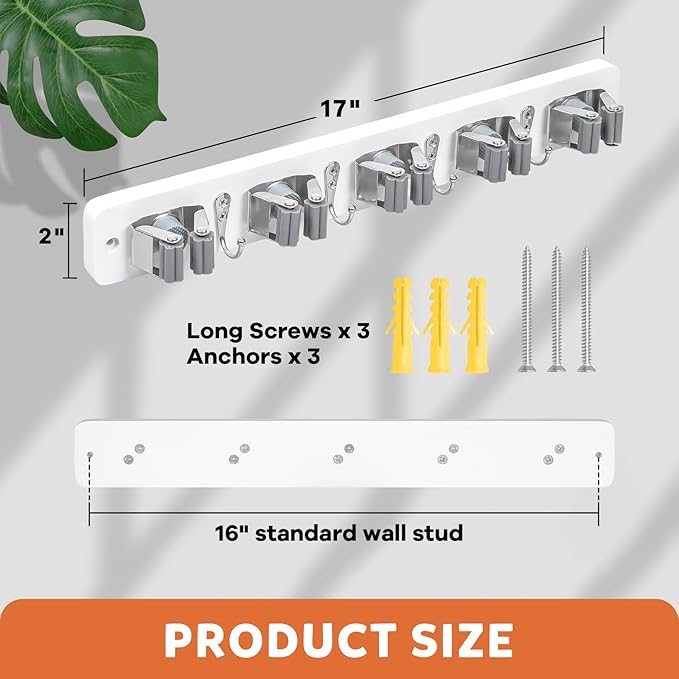 IMILLET Broom Holder Wall Mount, Wood Broom Holder with 5 Racks and 4 Hooks Broom Organizer, Laundry Room Organization and Storage, Mop Hanger for Home Organization, Garden, Garage, Closet (White)-NeatNest