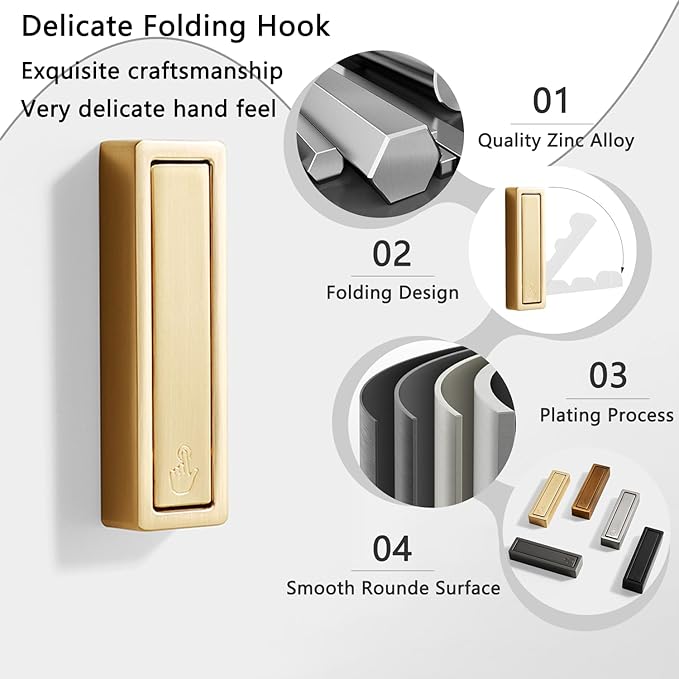 2Pcs Folding Coat Hooks, Heavy Duty Foldable Hook Made of Zinc Alloy, Foldable Gold Wall Hooks for Bathroom, Entryway, Closet, Pool and Kitchen are Coat, Key Backpack, Storage Solutions (Gold)-NeatNest
