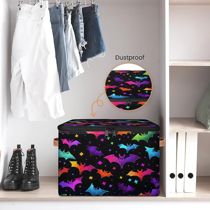 Halloween Bat Storage Bins with Lids, Colorful Bats Fabric Storage Boxes with Zipper, Collapsible Decorative Closet Organizer Cube for Clothes,Organizing, Shelves-NeatNest