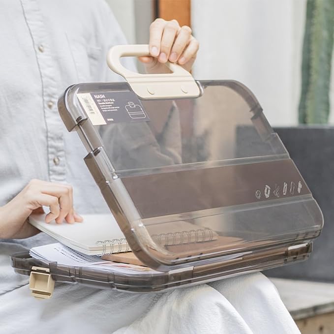 Portable File Box Clear Waterproof Document Storage Box with Snaps PP Files Organizer Cases for A4 Paper Magazines Notebooks School or Office Supplies (1 pcs, Brown)