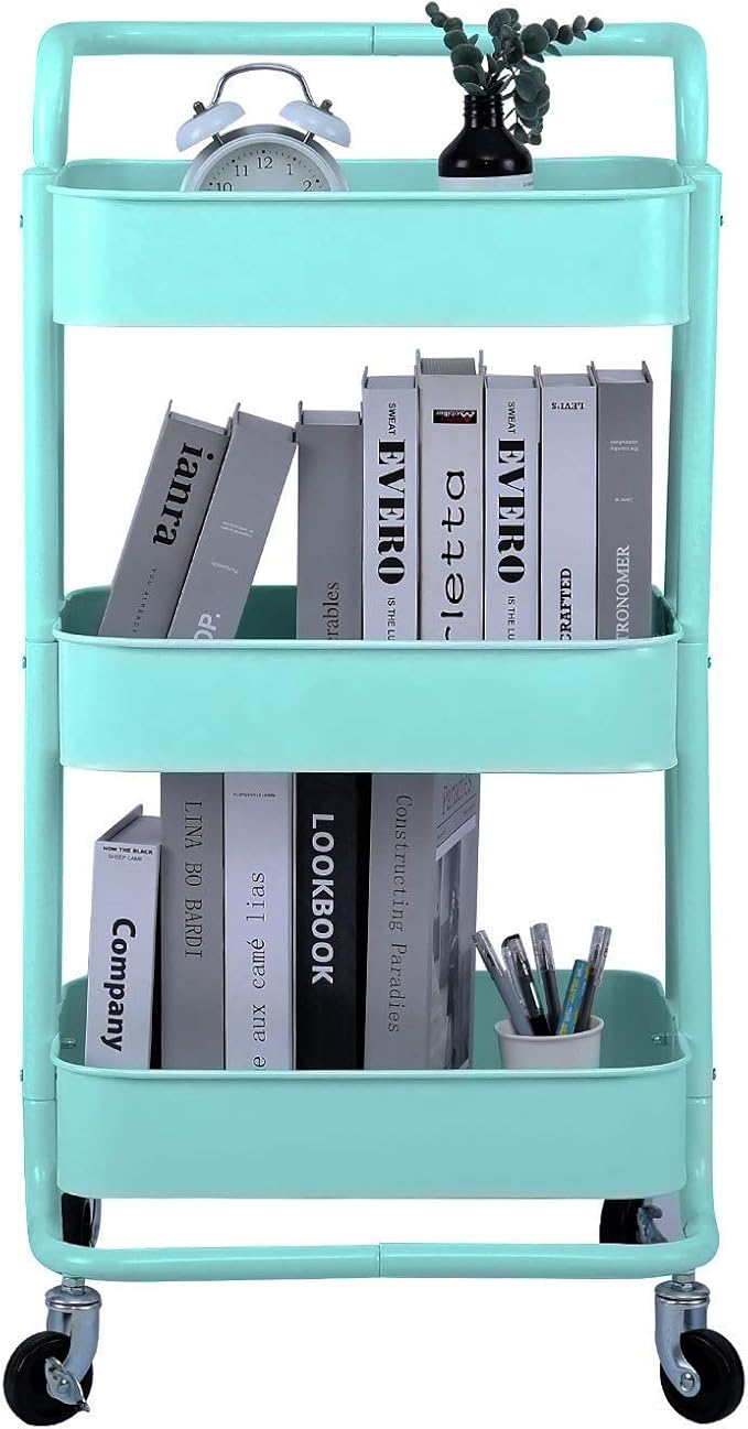 3-Tier Metal Mesh Rolling Cart Storage Organizer with Utility Handle and Wheels, Turquoise-NeatNest