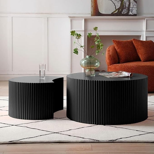 KEVINSPACE Coffee Table Set of 2 Modern, Wooden Circle End TableSet, Living Room Nesting Table Round 2-Piece,No Assembly Required Accent Furniture for Bedroom Balcony Library,Black