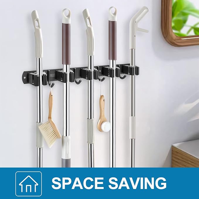 IMILLET 2 Pack Broom and Mop Holder Wall Mounted, Broom Holder Stainless Steel Broom Organizer Heavy Duty Tools Organizer Self Adhesive for Laundry Room Garage Garden（5 Racks and 4 Hooks）-NeatNest