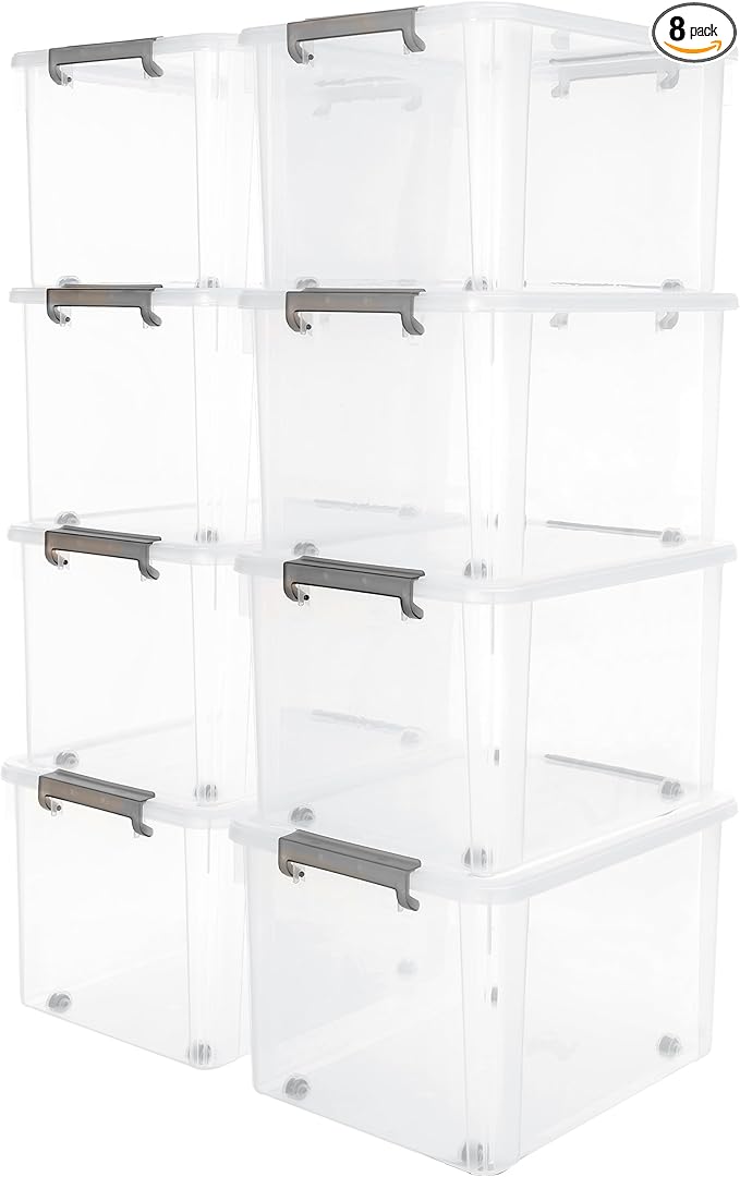 Citylife 58.1 QT Plastic Storage Bins with Latching Lids Stackable Storage Containers for Organizing Large Clear Storage Box for Garage, Closet, Kitchen, 8 Packs-NeatNest