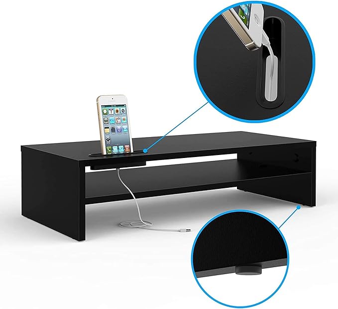 BONTEC Wood Monitor Stand Riser, 2-Tier Desktop Organizer with Storage, Ergonomic Computer Stand for Desk, Cable Management, Cellphone Holder, 21.3 Inch Shelf, Black-NeatNest