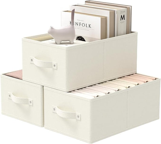 Fabric Storage Boxes for Shelves, 3 Pack Foldable Cloth Bins, Closet Organizers System with 2 Handles, Durable and Sturdy, Saving Space, Beige, 16.1 x 9.8 x 6.5 In, XSNY11BEM-3-NeatNest