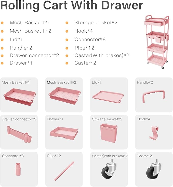 4 Tier Rolling Cart Organizer,Art Craft Diaper Bedside Snack Laundry Room Bathroom Organizer Narrow Thin Slim Rolling Trolley Utility Cart with Wheels for Kitchen,Office(Pink)-NeatNest