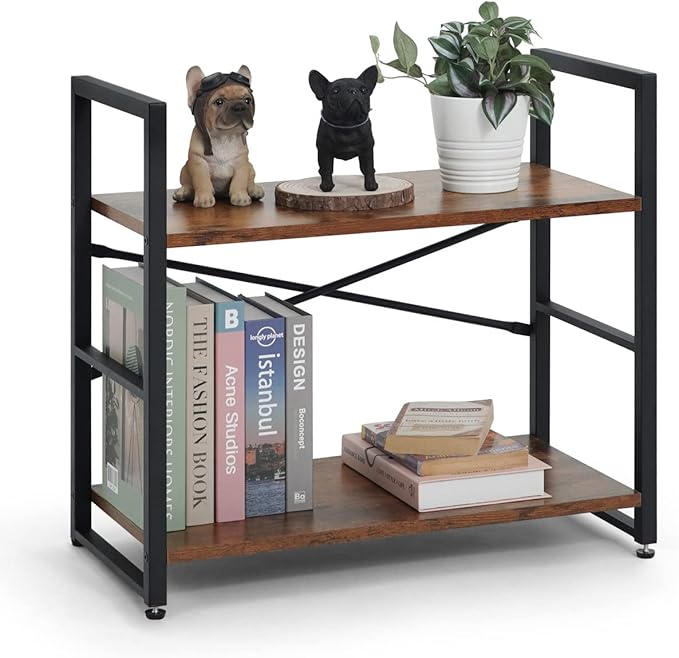 CAPHAUS 2 Tier Small Bookshelf, 24 Inch Width Free Standing Shelf, Bookcase Shelf Storage Organizer, Industrial Book Shelves for Home Office, Living Room, Rustic Oak Vintage Shelves & Metal Frame-NeatNest
