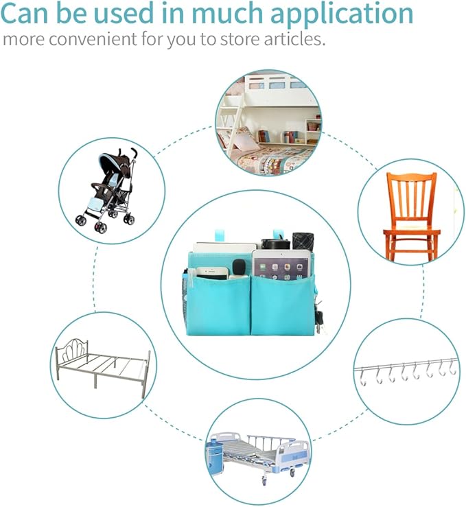 Bunk Bed Organizer, Bedside Caddy Hanging Bed Organizer Storage Bag with 4 Pockets and 2 Hooks, for College Dorm Rooms Bed, Hospital Bed, Baby Bed Rails, 600D Oxford Cloth (Light Blue)-NeatNest