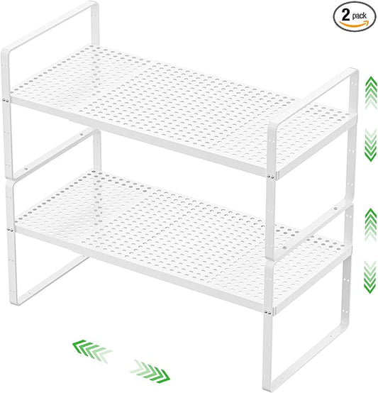 Expandable Cabinet Storage Shelf Stackable Organizer Rack for Kitchen Bathroom Pantry Spice Cupboard Coffee Countertop Home Office Desk Heavy Duty Nonslip White Small 2 Packs-NeatNest
