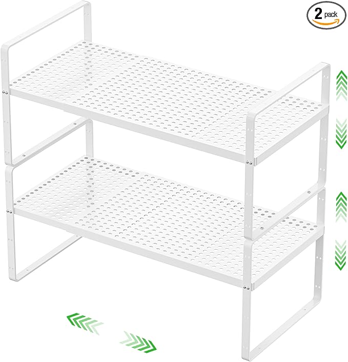 Expandable Cabinet Storage Shelf Stackable Organizer Rack for Kitchen Bathroom Pantry Spice Cupboard Coffee Countertop Home Office Desk Heavy Duty Nonslip White Large 2 Packs-NeatNest