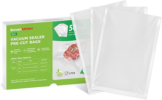 Bonsenkitchen Precut Vacuum Sealer Bags, 50 Pint 6" x 9" Food Sealer Bags, Food Grade, BPA Free, Heavy Duty, Customized Size Vacuum Bags for Vac Storage, Meal Prep or Sous Vide Cooking, VB10-NeatNest