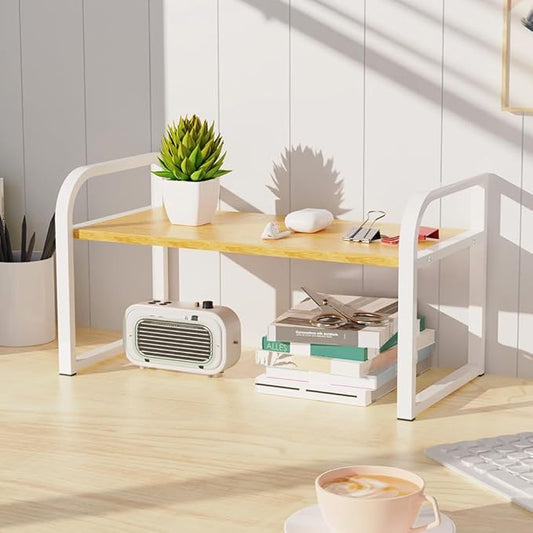 Office Desk Shelf Organizer, Wood Desktop Bookshelf Supplies Storage Rack Shelf for Top Desk and Dresser and Cubicle Decor Bookshelf Monitor Stand Riser (White Wood-single Tier, 11.81 Lx7.87 Wx8.46 H)-NeatNest