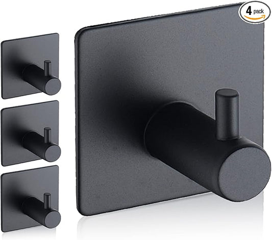 Adhesive Hooks, Waterproof Adhesive Shower Hanger Hooks for Hanging Loofah, Sponge, Towels, Robes Stainless Steel Stick on Shower Hooks for Bathrom Black Removable Sticky Wall Hooks 4 Pcs