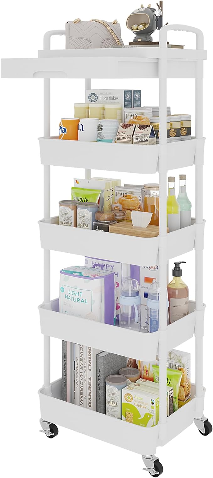 Calmootey 5-Tier Rolling Utility Cart with Drawer,Multifunctional Storage Organizer with Plastic Shelf & Metal Wheels,Storage Cart for Kitchen,Bathroom,Living Room,Office,White-NeatNest