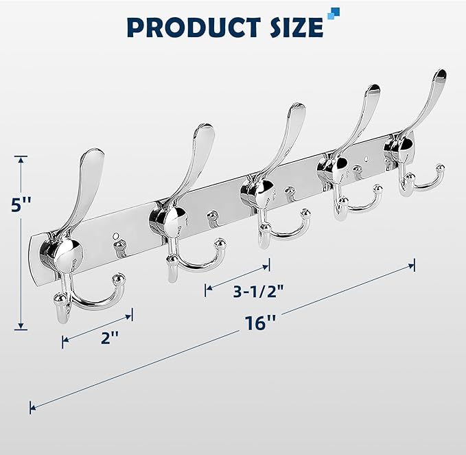 2 Pack Wall Mounted Three Prongs Coat Hooks - Thickened 304 Stainless Steel Coat Hooks, Anti-Sliding 5 Tri-Hooks Coat Rack Wall Mount,16 Inches Rustproof Coat Rack, Holding up to 44 lbs, Silver
