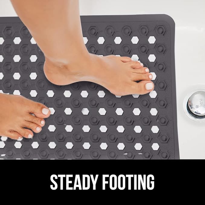 GORILLA GRIP Patented Bath Tub Shower Mat, Machine Washable Bathtub Floor Liner Mats, Suction Cups and Drain Holes to Keep Tubs Clean, Soft on Feet, Bathroom Essentials, 35x16 Inch, Charcoal Opaque-NeatNest