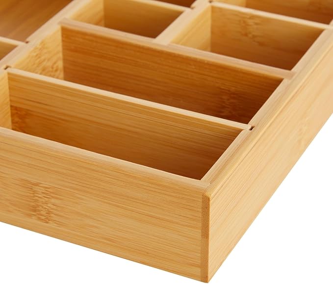 Juvale Drawer Organizer Tray - 14 x 10 x 2 In Brown Bamboo - 8 Adjustable Dividers for Custom Storage - Silverware & Utensil Organizer - Desk Drawer Divider - Versatile Wooden Divided Tray-NeatNest