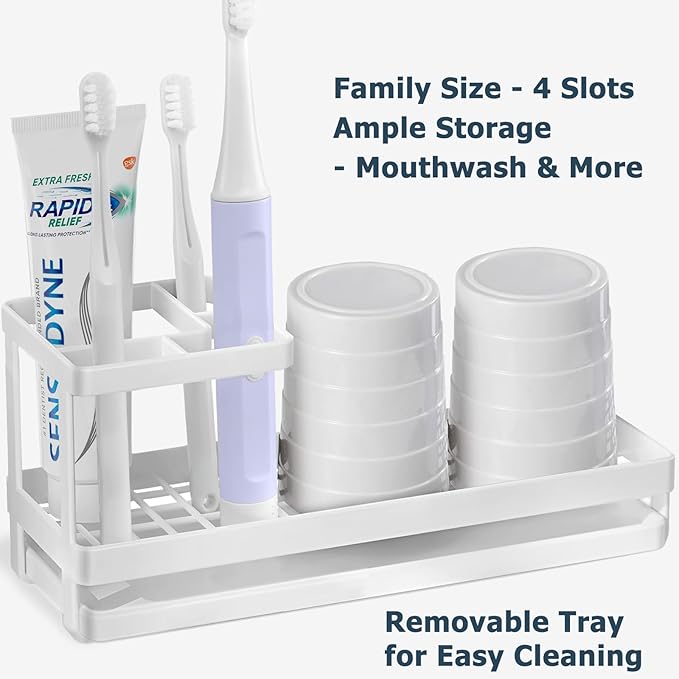 MYITYARD Toothbrush Holders for Bathrooms, 4 Slots Rustproof Metal Tooth Brushing Organizer with Drainage, Electric Tooth Brush Toothpaste Holder for Bathroom Countertop, White