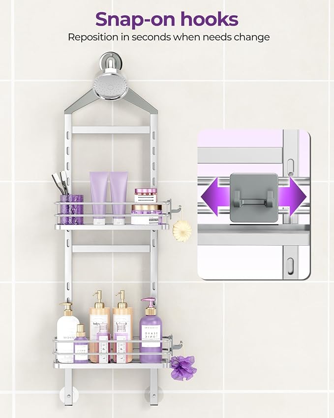 ODesign 2 Tier Height-Adjustable Shower Caddy Hanging Anti-Swing-Over The Shower Head Caddy-Storage Organizer Bathroom Shelves Basket-Silver