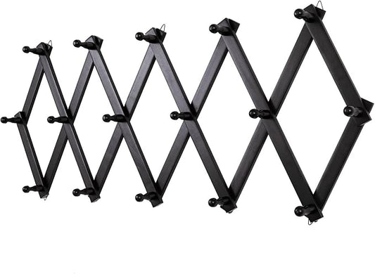 Accordion Wall Hanger with 16 Hooks, Wooden Wall Expandable Coat Rack for Coat, Hats, Baseball Caps, Coffee Mug, Jewelry(Black)-NeatNest