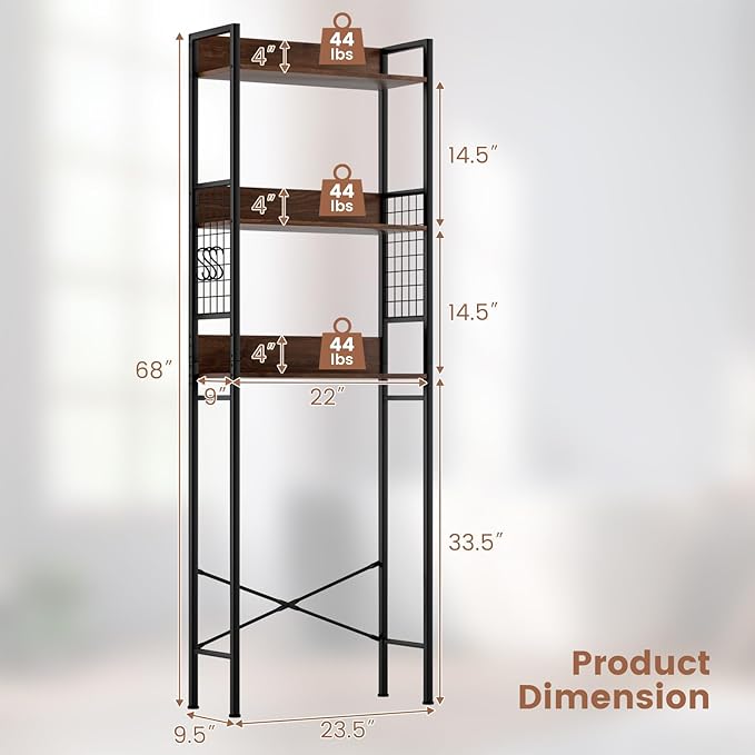 Giantex Over-The-Toilet Storage Shelf, 3-Tier Bathroom Space Saver with 3 Hooks, Industrial Tower Rack for Restroom, Kitchen, Freestanding Bathroom Organizer (Rustic Brown)