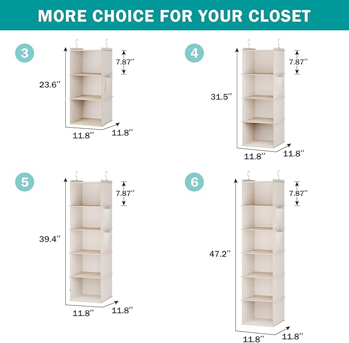 Hanging Closet Organizer, 3-Shelf Closet Hanging Storage Shelves, Beige-NeatNest