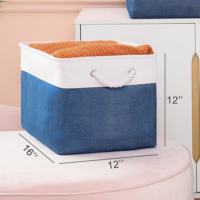 TheWarmHome Organization and Storage for Organizing - 3 Pack 16x12x12 inch Cube Storage Bin for Shelves, Fabric Storage Cubes for Closet Cloth Organizer Gift Toy (White & Jean Blue)-NeatNest