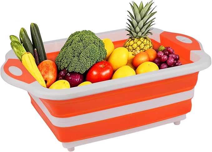 Collapsible BBQ Prep Tub/Cutting Board 10L, Foldable Dish Tub with Colander, Portable Camping Sink, Multifunction Dishing Basin Bucket Wash Tub for Kitchen Fruit Vegetable Picnic (Orange)-NeatNest