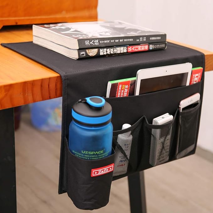 5 Pockets Bedside Caddy, Bedside Storage Organizer for Water Bottles, Magazines, Phone, Glasses (5 Pockets-Black)-NeatNest