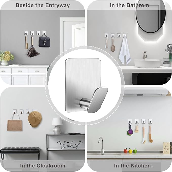 DELITON Adhesive Towel Hooks on Wall: Robe Hooks for Hanging Clothes Hats Stick on Bathroom/Kitchen SUS 304 Stainless Steel Silver-NeatNest