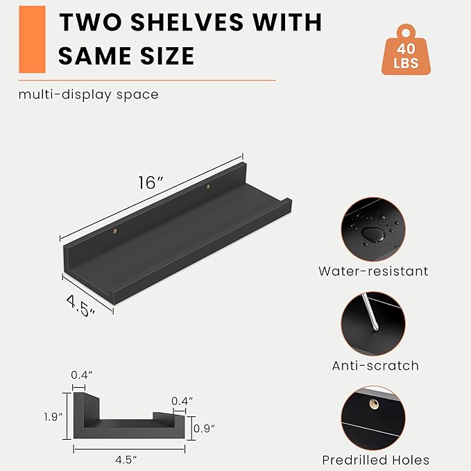 Heimlove Picture Ledge Shelf, Small Floating Shelves Set of 2, 16 Inches Picture Shelf for Wall with Ledge, Kids Bookshelf Wall Mounted for Living Room Bedroom Decor Books Photo Frames, Black-NeatNest
