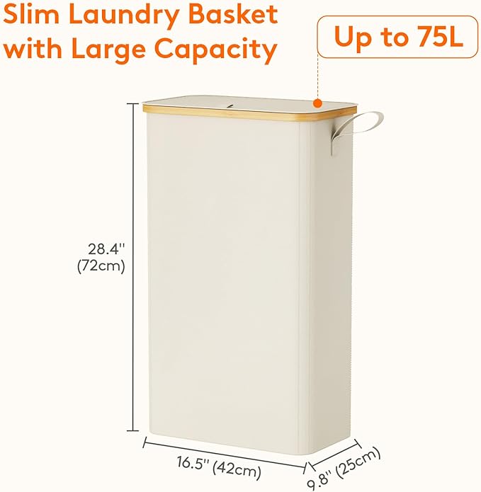 Lifewit 75L Slim Laundry Hamper with Lid, Narrow Laundry Basket with Removable Bag & Bamboo Handles, Fodable Thin Dirty Clothes Hamper for Laundry Collapsible Bin for Bathroom Bedroom Dorm, White-NeatNest