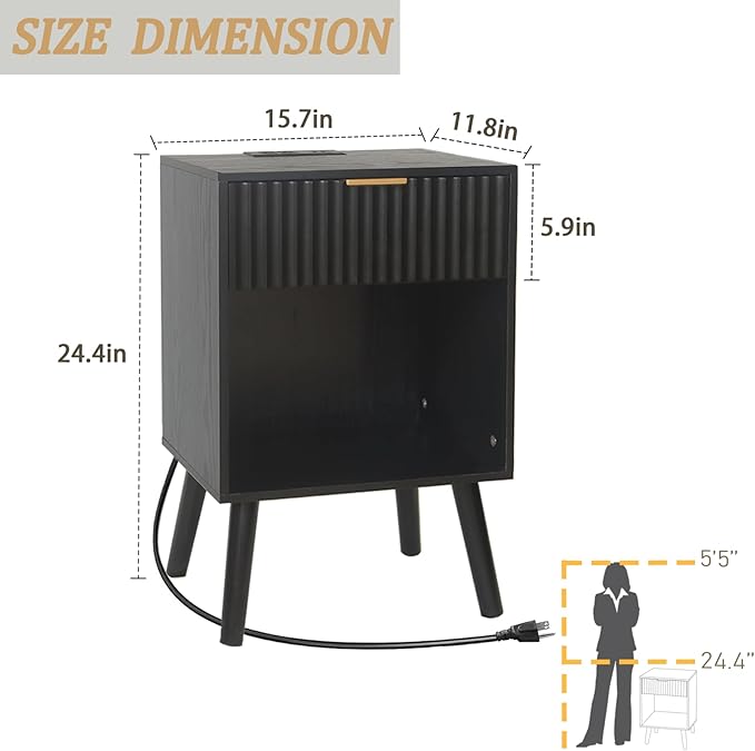 Fluted Black Nightstand with Charging Station, Mid Century Modern Bedside Table with Drawers and Outlet,Side Tables Living Room, Wooden Night Stand for Bedroom, Office (Black)
