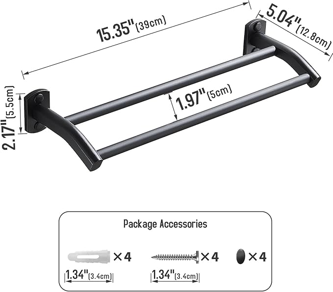 Black Double Towel Bar, Hand Towel Rack for Bathroom Wall Mounted Towel Hanger, Matte Black Bath Towel Rod,16 Inch