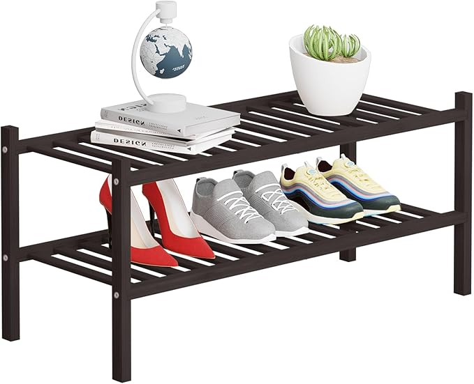2 Tier Bamboo Shoe Rack Storage Organizer for Closet, Multifunctional Stackable Free Standing Shoe Shelf Organizer for Small Space,Entryway, Hallway, Bathroom27 x11 x13 (Brown, 2 Tier)-NeatNest