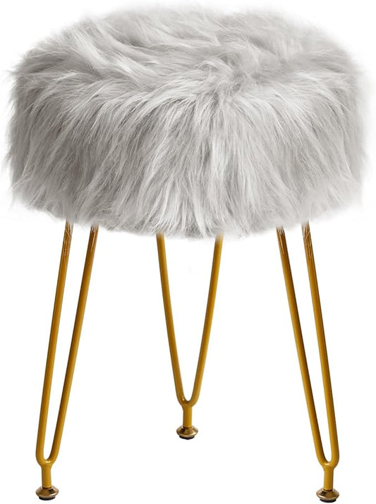 IBUYKE Faux Fur Vanity Stool Chair, Furry Makeup Stool Ottoman, Soft Padded Seat, Round Footrest Footstools with 4 Metal Legs, for Living Room Bedroom Entryway, Gray LG-32G