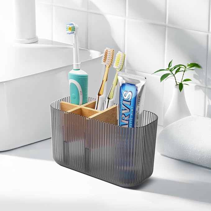 Black Bathroom Accessories - 5 Slots Toothbrush Holders for Bathrooms Sink Organizer Countertop Kids Bathroom Storage Caddy Decor