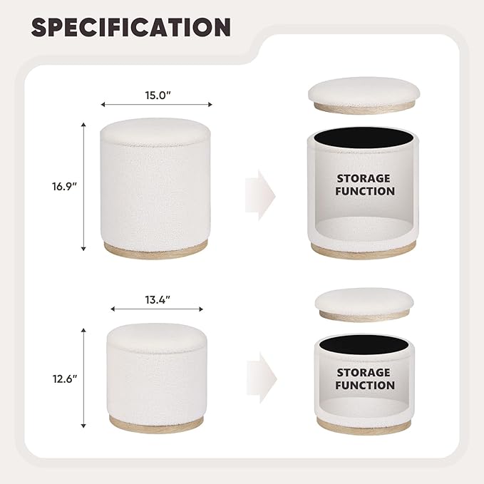 B FSOBEIIALEO Storage Ottoman Round Boucle Ottomans with Tray, Set of 2 Teddy Foot Rest Ottoman Cube with Storage for Living Room, Cream White 15"x15"x16.9"