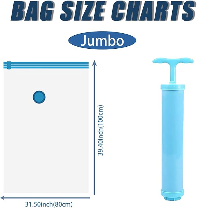 8 Pack Vacuum Storage Bags, Space Saver Bags (8Jumbo/1Hand pump） Compressed storage bags for clothing, comfort items, and blankets-NeatNest