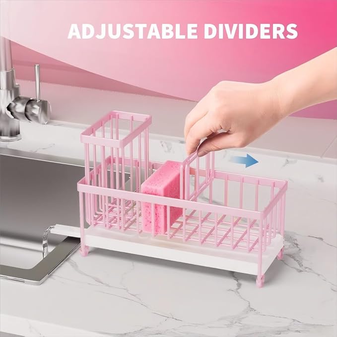 Cisily Pink Sponge Holder for Kitchen Sink, Sink Caddy Organizer with High Brush Holder, Countertop Organizers and Storage Essentials, Rustproof 304 Stainless Steel, Pink kitchen Accessories and Decor-NeatNest