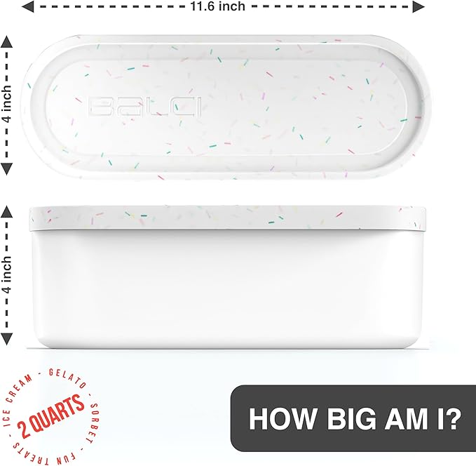 BALCI Ice Cream Containers - 2 Quart Ea. (Set of 2) - Premium Reusable Freezer Storage for Homemade Ice Cream Tub for Sorbet, Frozen Yogurt - Flexible Silicone Lids, Long Scoop - White With Sprinkles